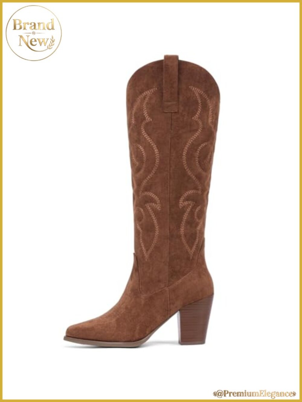 Cowgirl Boots Suede Embroidered Chunky Heel Mid Calf Pointed Toe Pull On